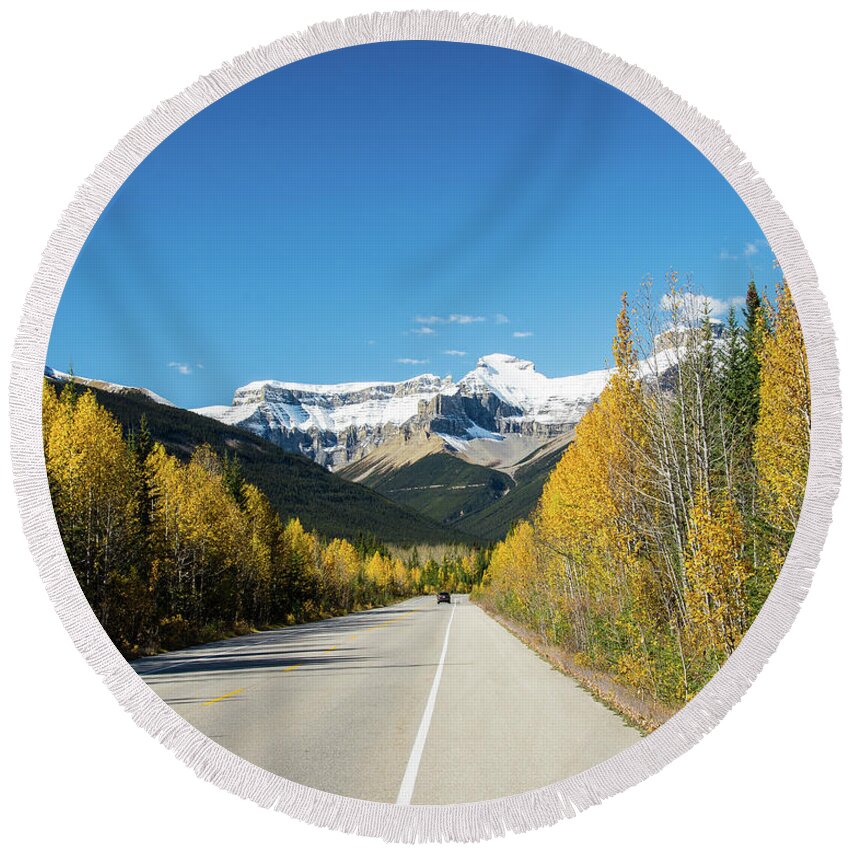 Highway 93 Round Beach Towel featuring the photograph The Icefields Parkway by Tim Kathka