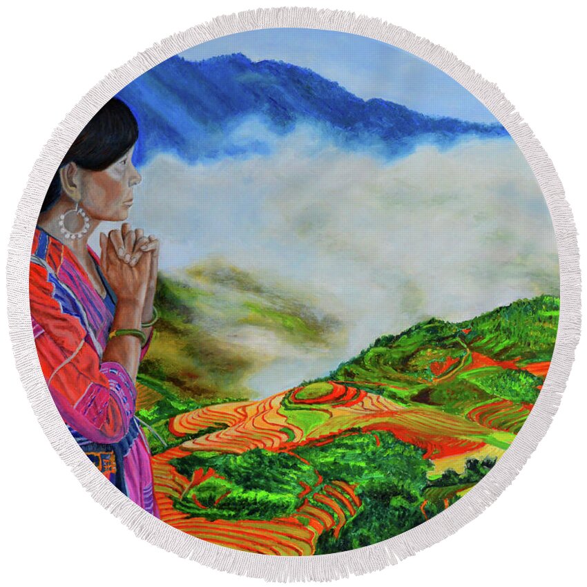 Rice Terraces Round Beach Towel featuring the painting The Icon by Thu Nguyen