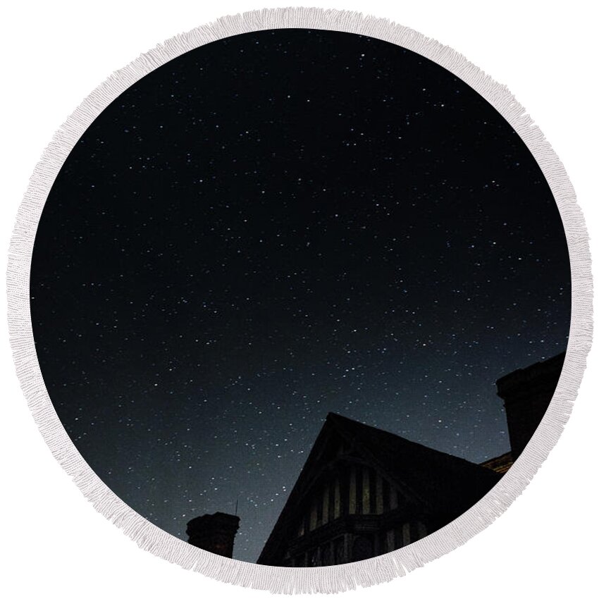 Astro Round Beach Towel featuring the photograph The Iconic Front Porch in the Night Sky, Great Dixter by Perry Rodriguez