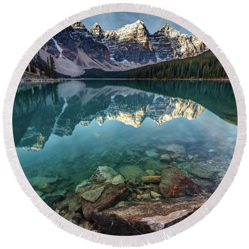 Moraine Lake Round Beach Towel featuring the photograph The Iconic Moraine Lake by Pierre Leclerc Photography