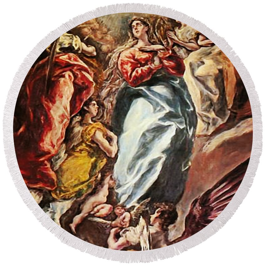 Immaculate Conception Round Beach Towel featuring the mixed media The Immaculate Conception Virgin Mary Assumption 103 by El Greco