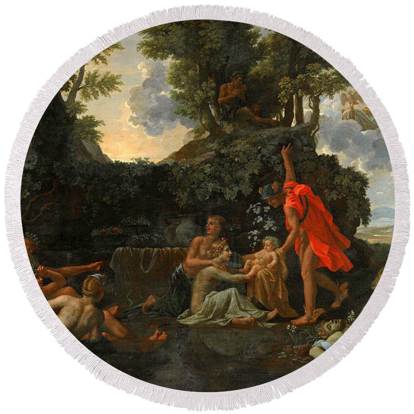 Nicolas Poussin Round Beach Towel featuring the painting The Infant Bacchus Entrusted to the Nymphs of Nysa. The Death of Echo and Narcissus by Nicolas Poussin