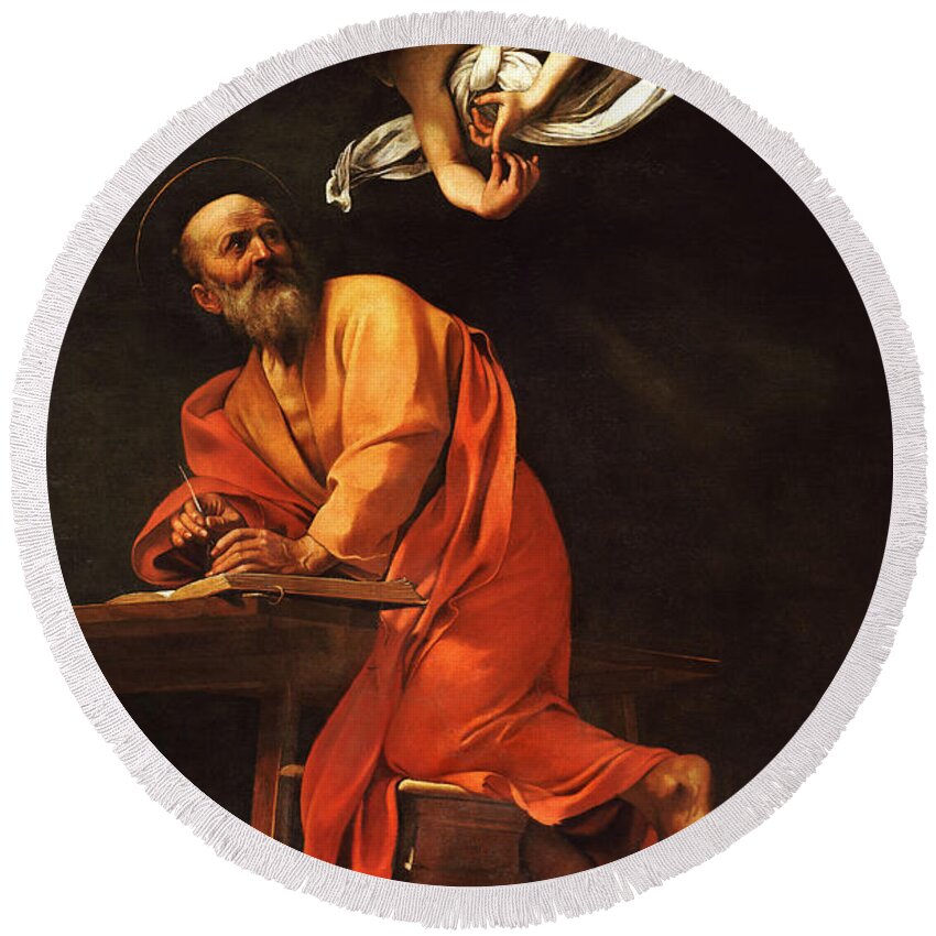 Caravaggio Round Beach Towel featuring the painting The Inspiration of Saint Matthew by Caravaggio