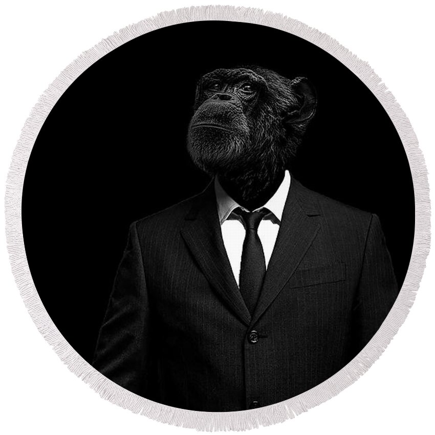 Chimpanzee Wildlife Nature Suit Human Trepidation Primate Low Key Portrait Round Beach Towel featuring the photograph The interview by Paul Neville