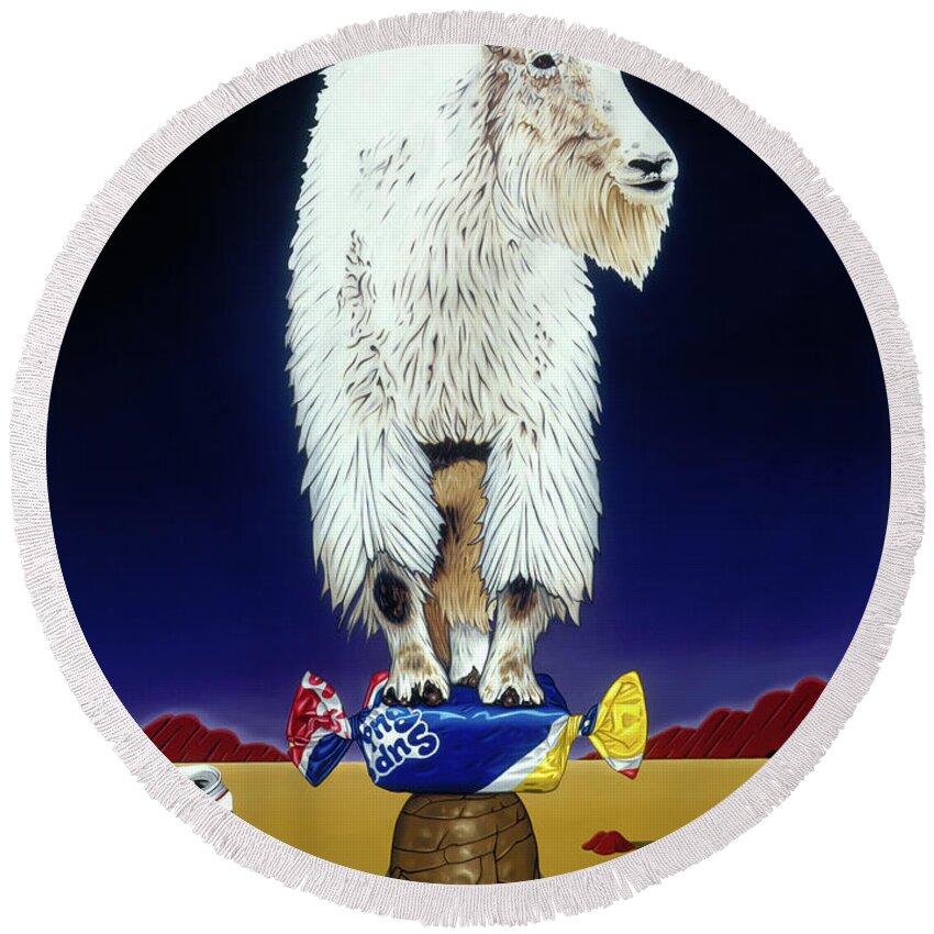 Mountain Goat Round Beach Towel featuring the painting The Intoxicated Mountain Goat by Paxton Mobley