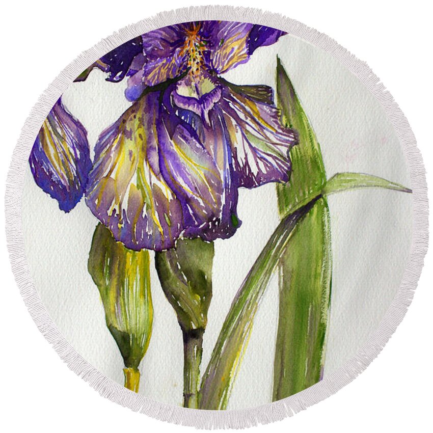 Flower Round Beach Towel featuring the painting The Iris by Mindy Newman