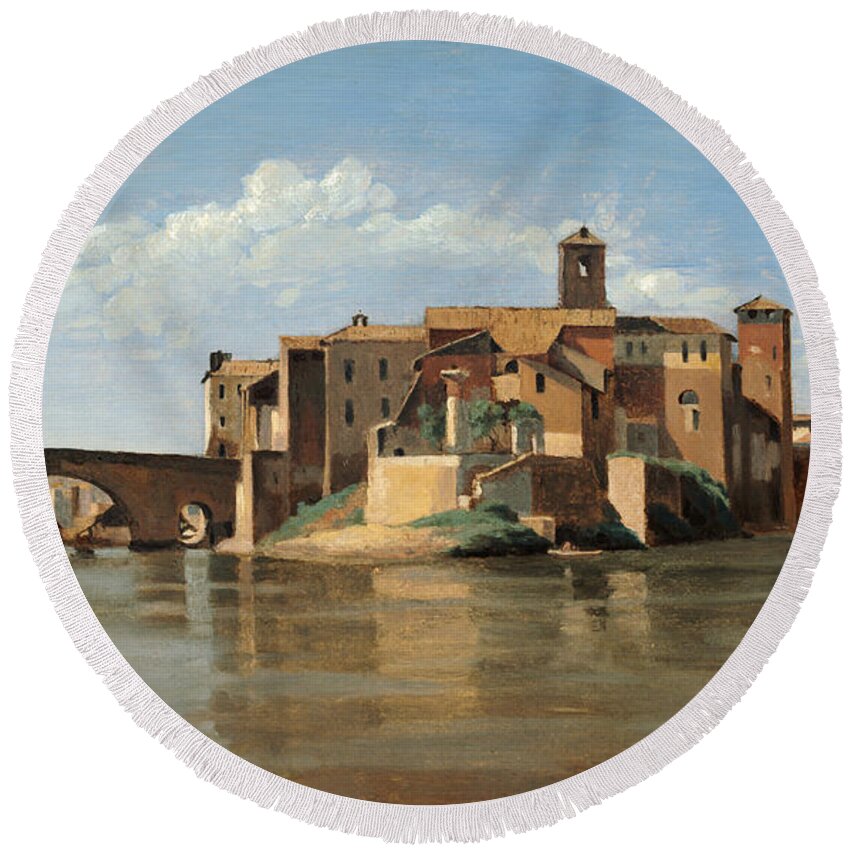 Art Round Beach Towel featuring the painting The Island And Bridge Of San Bartolomeo by Jean Baptiste Camille Corot