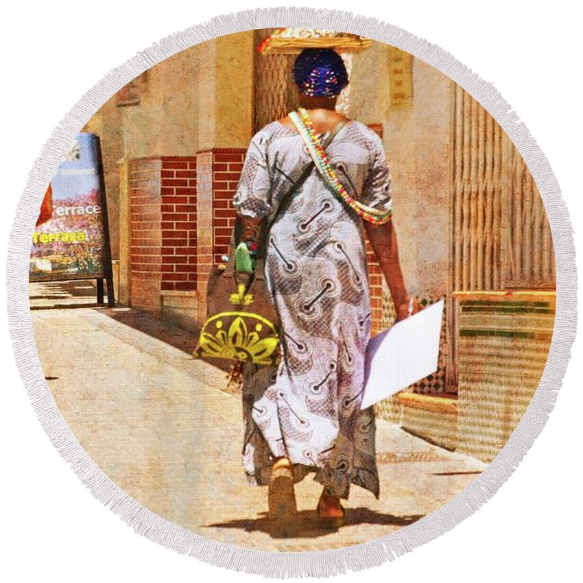 The Jewelry Seller Round Beach Towel featuring the photograph The Jewelry Seller - Malaga Spain by Mary Machare