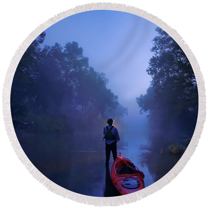 Kayak Round Beach Towel featuring the photograph The journey starts before dawn by Robert Charity