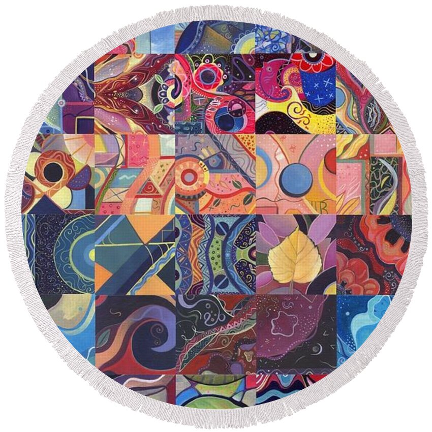 Abstract Round Beach Towel featuring the painting The Joy of Design First 40 Variation 1 by Helena Tiainen