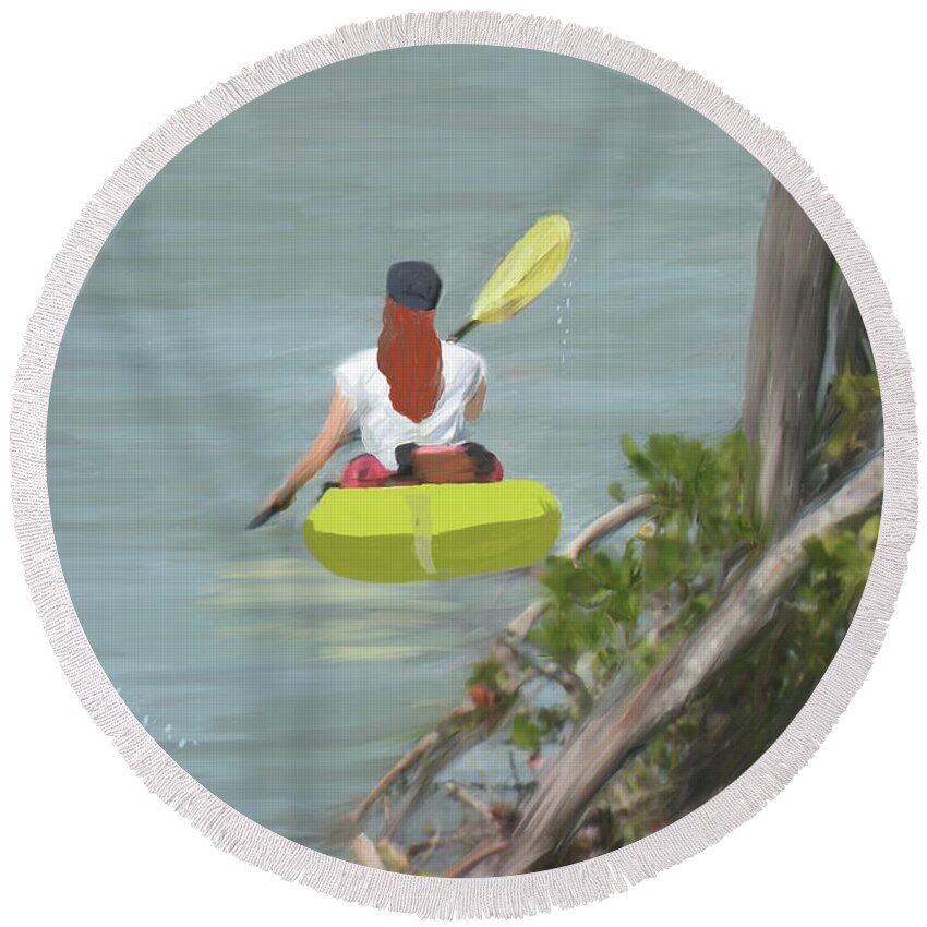 Kayaker Round Beach Towel featuring the painting The Kayaker by Rosalie Scanlon