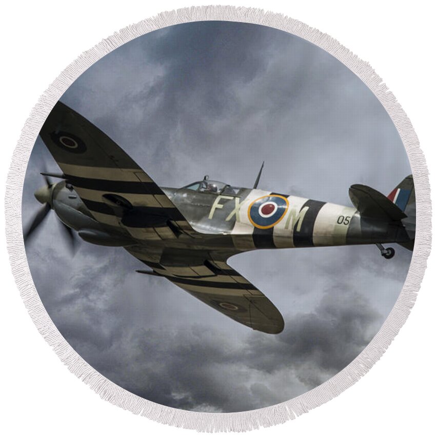 Supermarine Round Beach Towel featuring the digital art The Kent Spitfire by Airpower Art