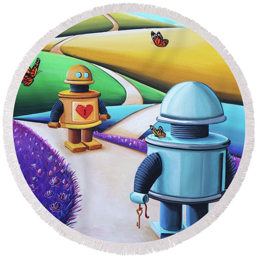 Robots Round Beach Towel featuring the painting The Key To My Heart by Cindy Thornton
