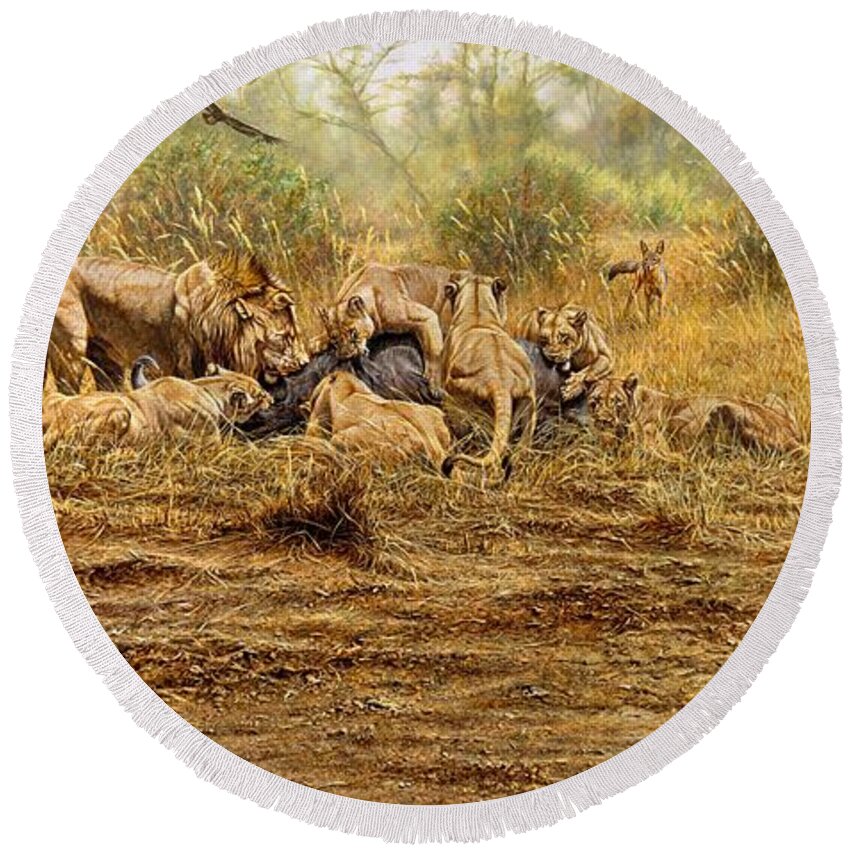 Lion Round Beach Towel featuring the painting The Kill by Alan M Hunt