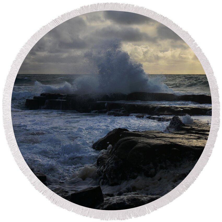 Photography By Paul Davenport Round Beach Towel featuring the photograph The labouring of waves. 1 by Paul Davenport