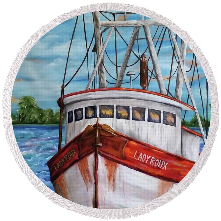 Shrimp Round Beach Towel featuring the painting The Lady Roux by JoAnn Wheeler