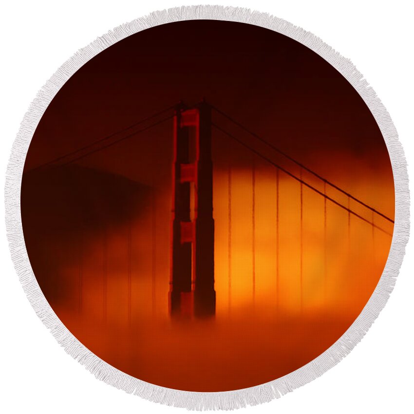 Golden Gate Bridge Round Beach Towel featuring the photograph The Last To Fall by Donna Blackhall
