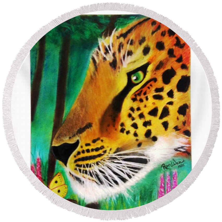 Leopard Round Beach Towel featuring the painting The Leopard and the Butterfly by Renee Michelle Wenker