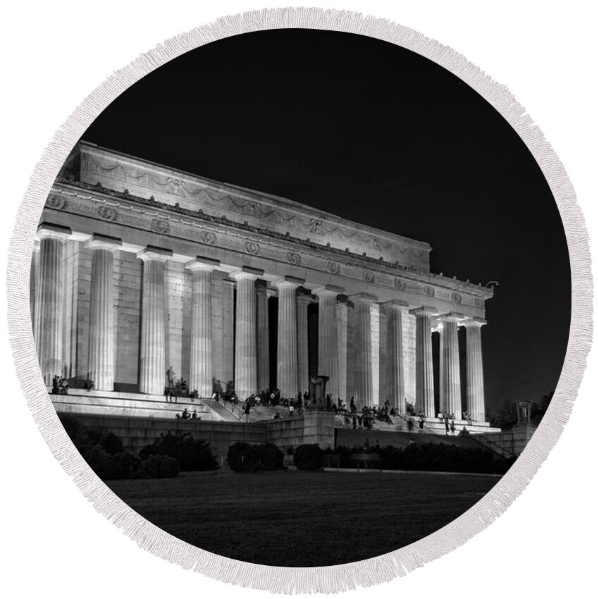 Lincoln Memorial Round Beach Towel featuring the photograph The Lincoln Memorial At Night In Black and White by Greg and Chrystal Mimbs