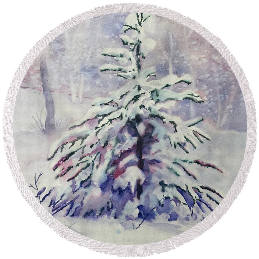 Alaska Spruce Tree Round Beach Towel featuring the painting The Little Backyard Tree by Karen Mattson