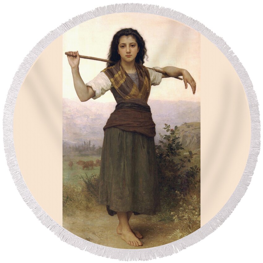 The Little Shepherdess William-adolphe Bouguereau Round Beach Towel featuring the painting The Little Shepherdess by William