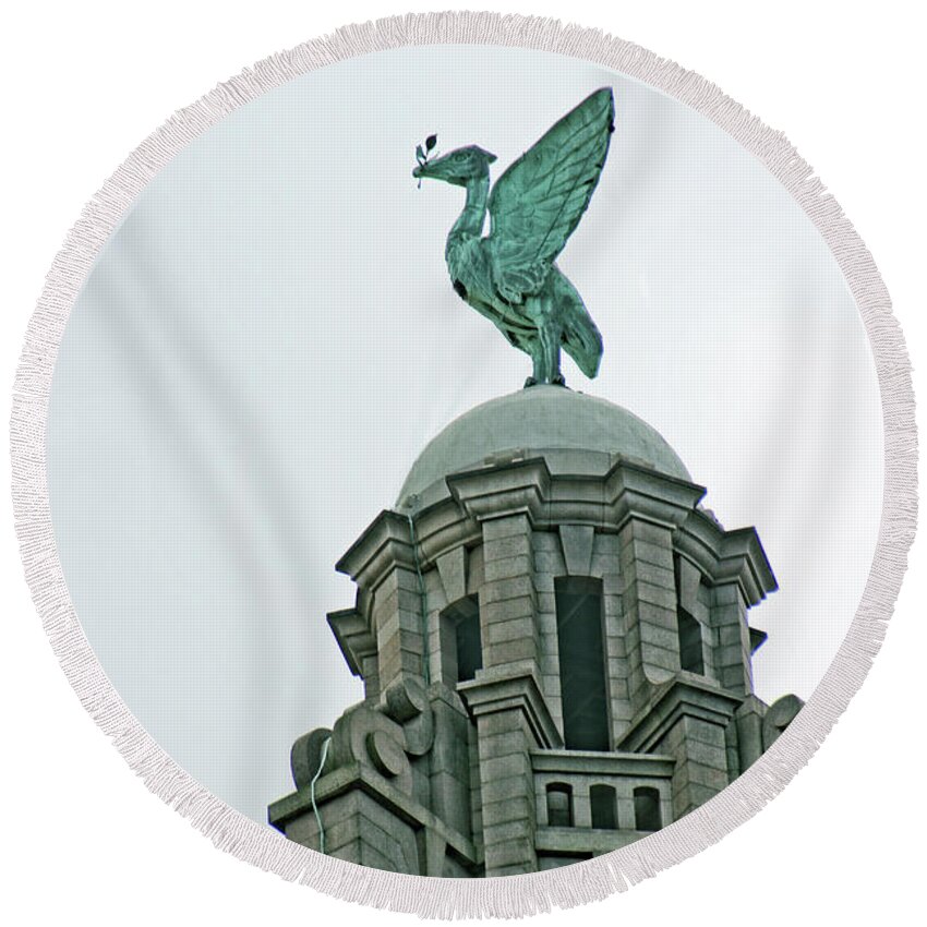 Liverpool Round Beach Towel featuring the photograph The Liver Building, with a closeup of one of the liver birds. by Doc Braham