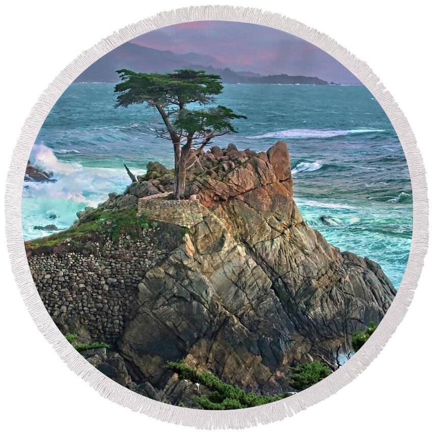 Photography By Suzanne Stout Round Beach Towel featuring the photograph The Lone Cypress by Suzanne Stout