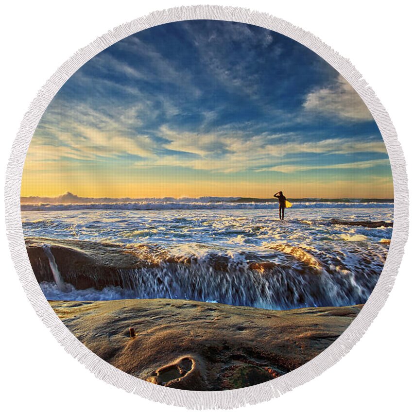 Hospital Reefs Round Beach Towel featuring the photograph The Lone Surfer by Sam Antonio
