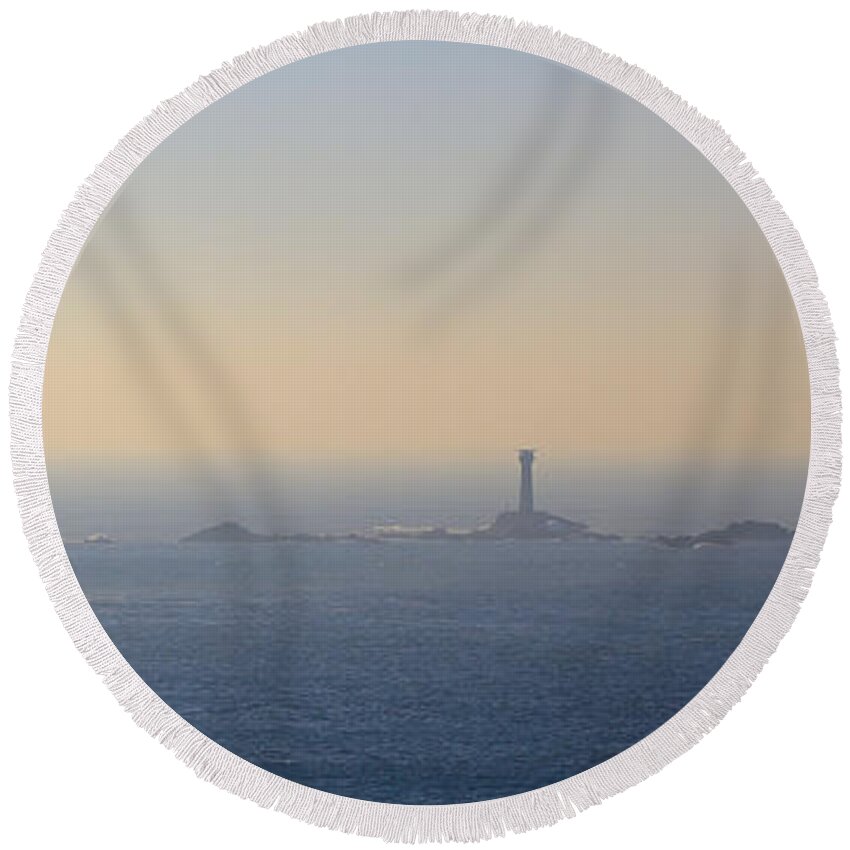 Lighthouse Round Beach Towel featuring the photograph The Longships Lighthouse Cornwall by Tony Mills