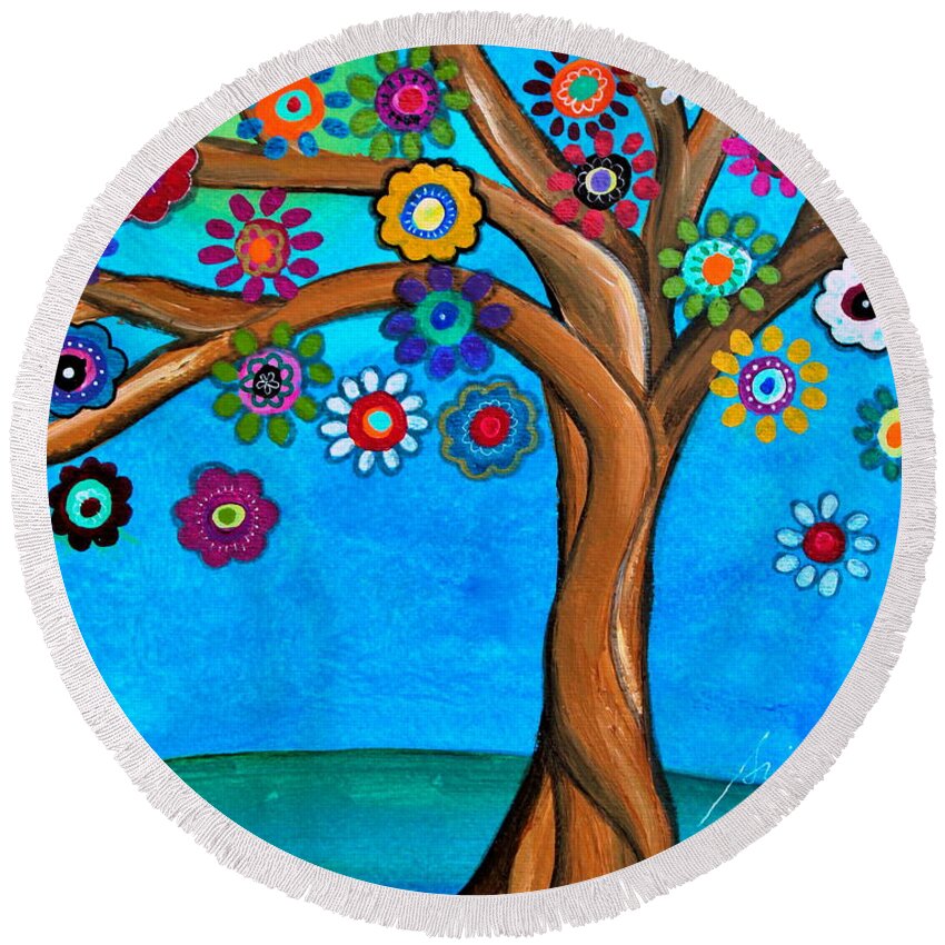 Tree Round Beach Towel featuring the painting The Loving Tree Of Life by Pristine Cartera Turkus