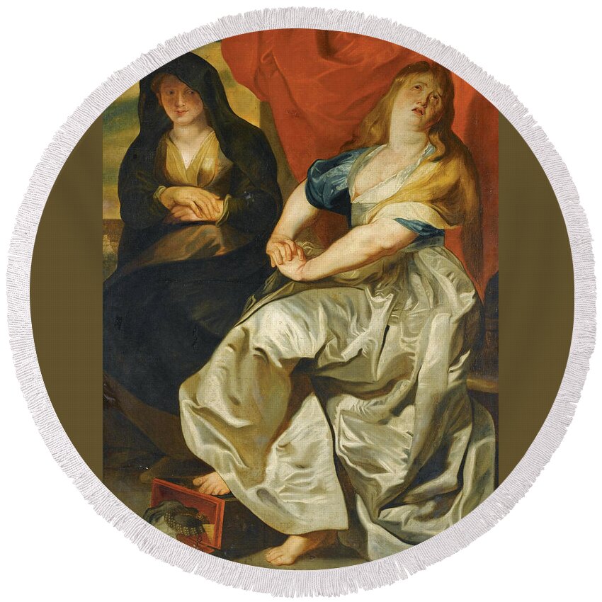 Follower Of Peter Paul Rubens Round Beach Towel featuring the painting The Magdalene repenting of her Wordly Vanities by Follower of Peter Paul Rubens