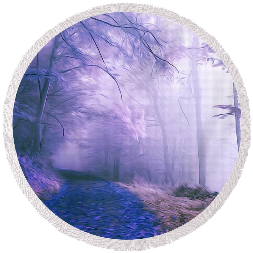 Blue Round Beach Towel featuring the digital art The Magic Forest by Chris Armytage