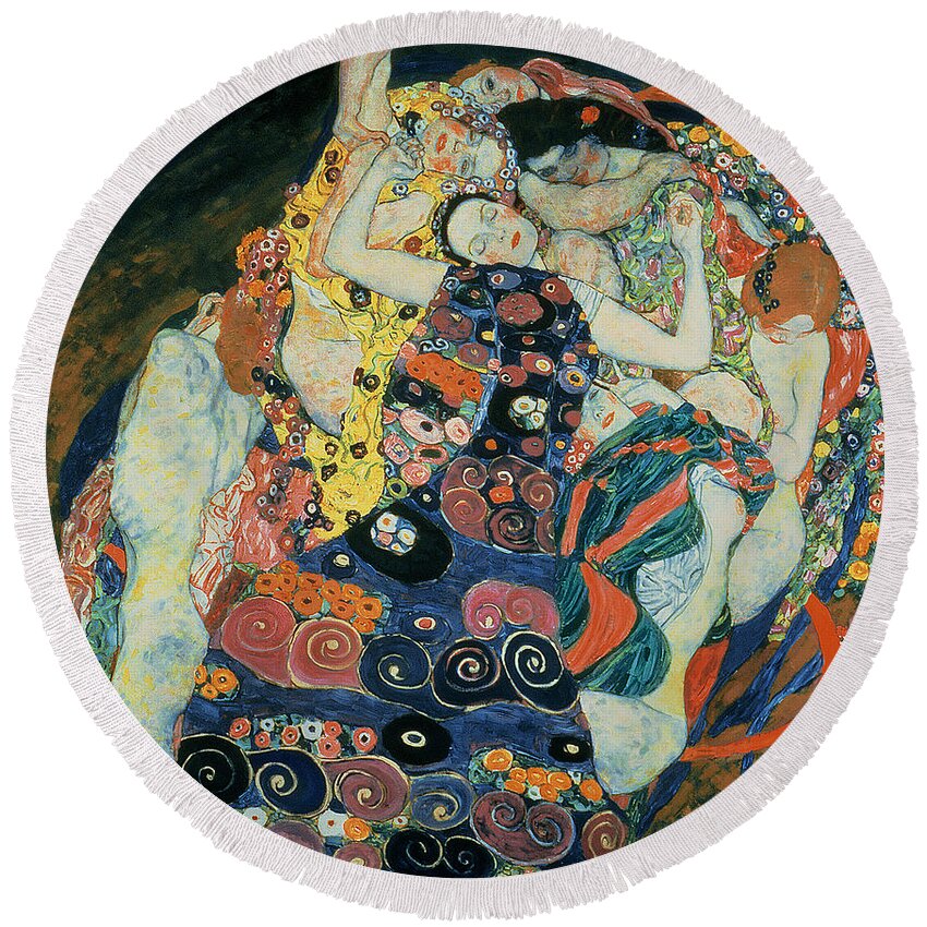 The Maiden Round Beach Towel featuring the painting The Maiden by Gustav Klimt