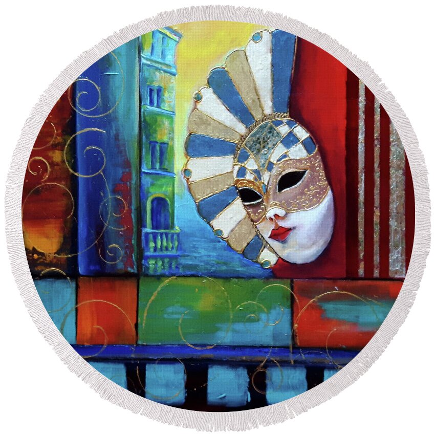 Abstract Round Beach Towel featuring the painting The Mascherade by Florentina Maria Popescu