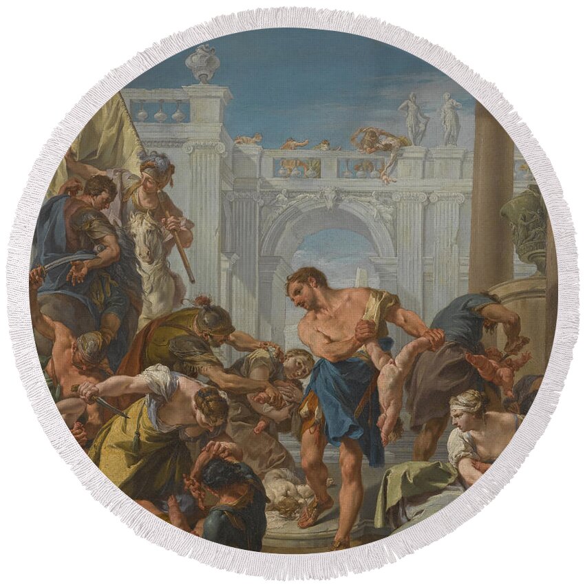 Giambattista Pittoni Round Beach Towel featuring the painting The Massacre of the Innocents by Giambattista Pittoni