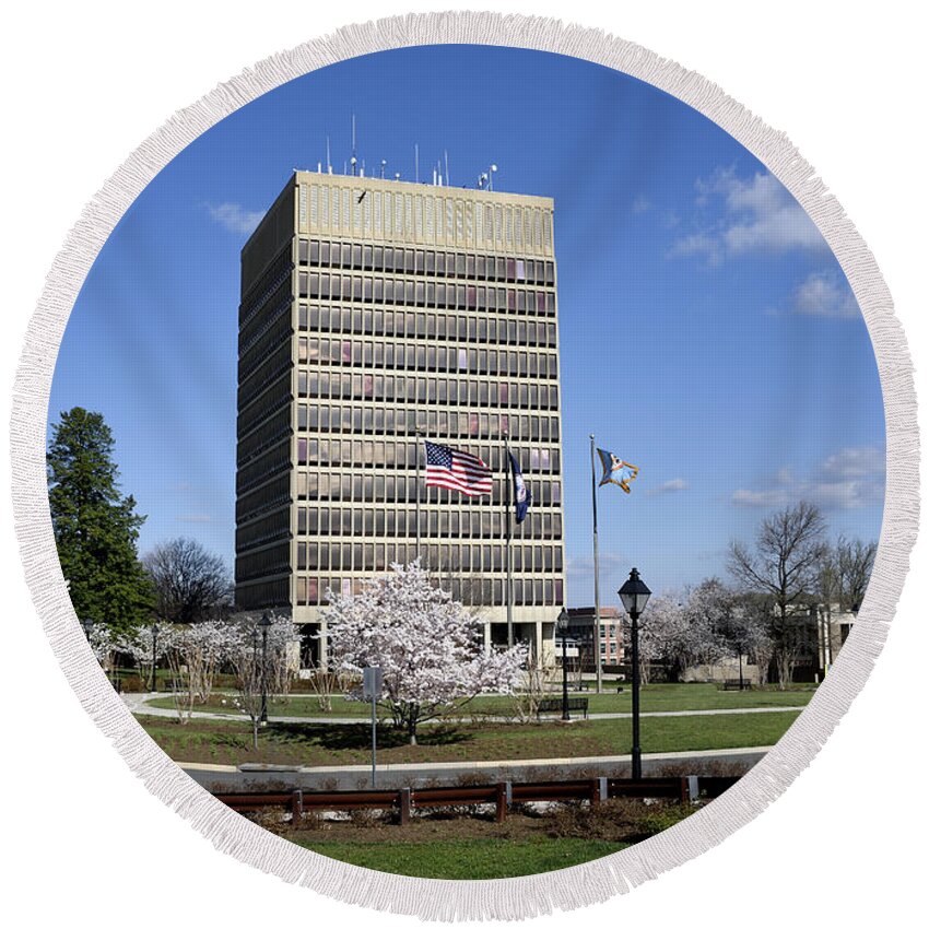 the Massey Building Round Beach Towel featuring the photograph The Massey Building - Fairfax Virginia by Brendan Reals