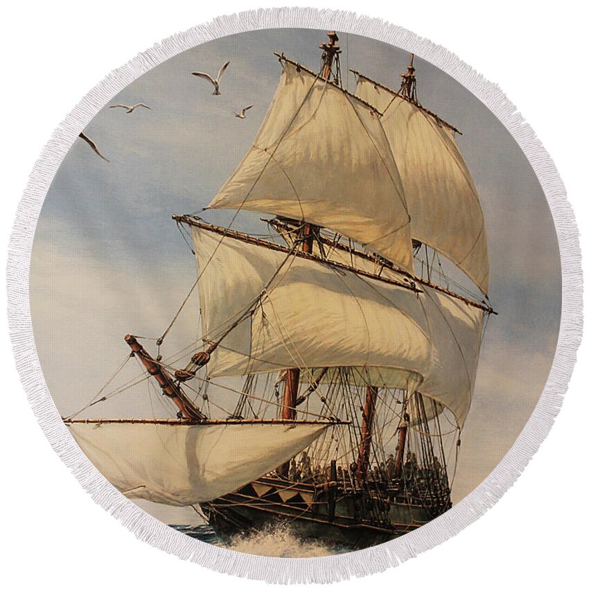 Mayflower Round Beach Towel featuring the painting The Mayflower by Dan Nance