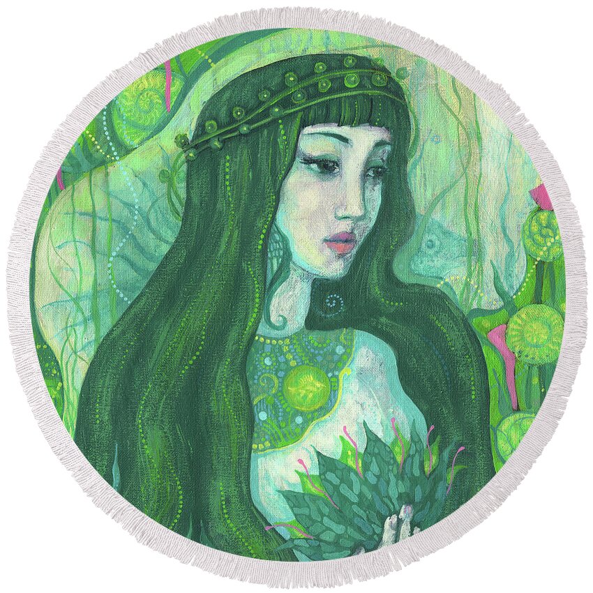 Undine Round Beach Towel featuring the painting Green Mermaid, Imaginary Portrait, Fantasy Art by Julia Khoroshikh
