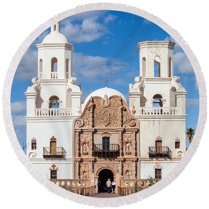 Architecture Round Beach Towel featuring the photograph The Mission by Ed Gleichman