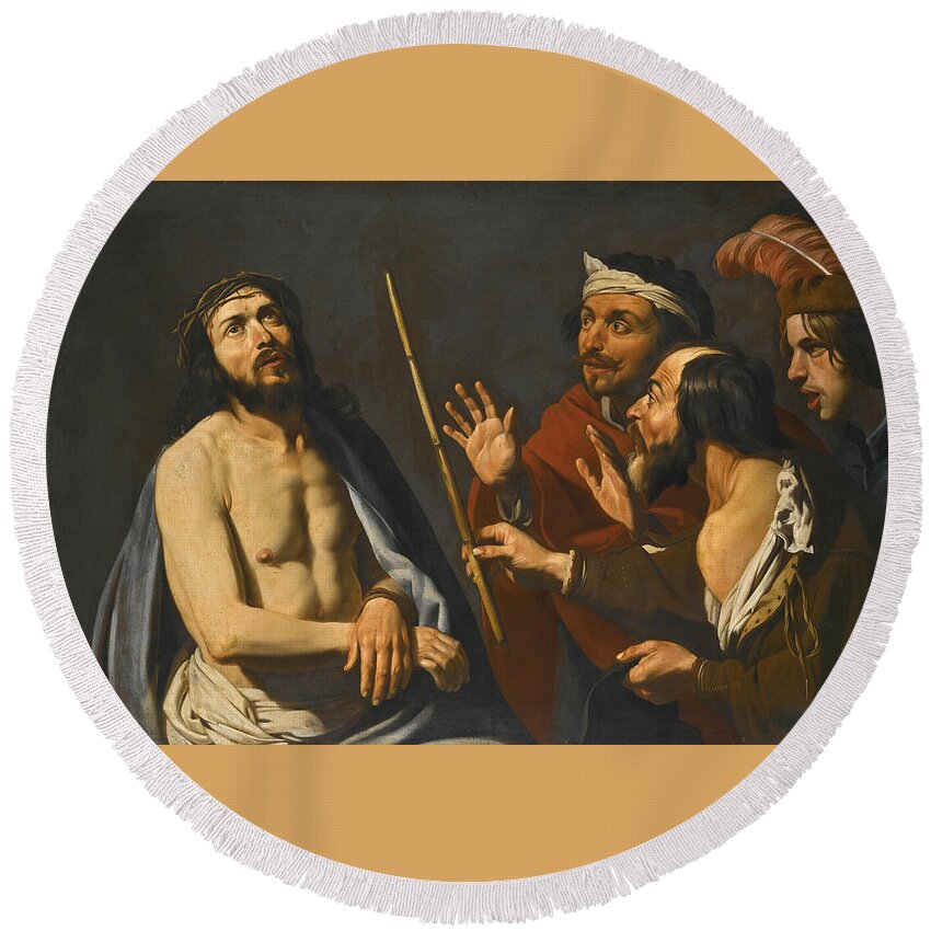 Matthias Stom Round Beach Towel featuring the painting The Mocking of Christ by Matthias Stom