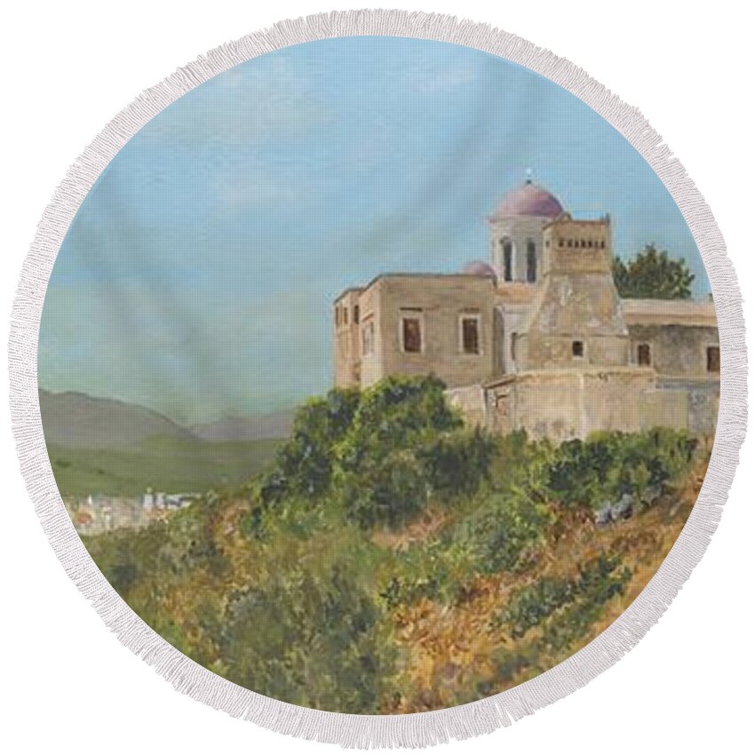 Crete Round Beach Towel featuring the painting The Monastery of Gonia Kolymbari Crete by David Capon