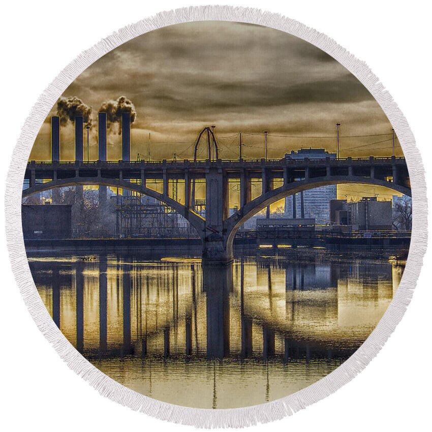 Minneapolis Round Beach Towel featuring the photograph The Mood Through the Third Avenue Bridge by Bill and Linda Tiepelman