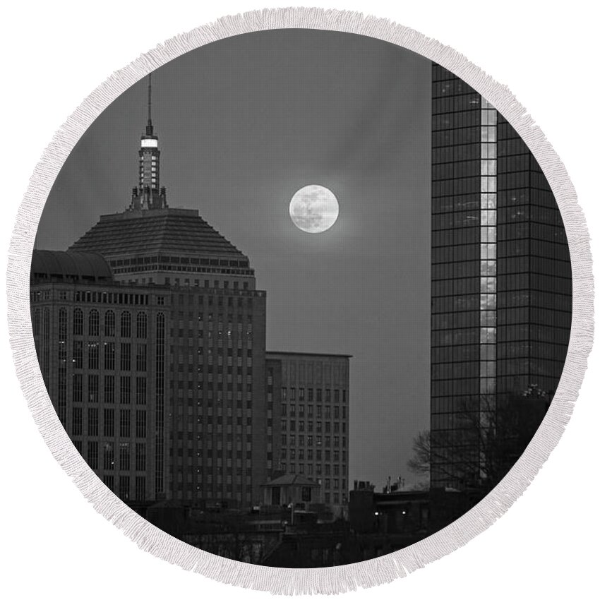 Boston Round Beach Towel featuring the photograph The Moon Rising over Boston Black and White by Toby McGuire