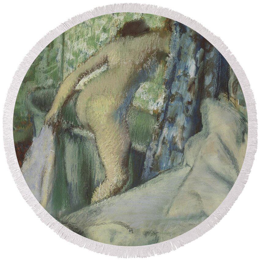 Nude Round Beach Towel featuring the pastel The Morning Bath by Edgar Degas