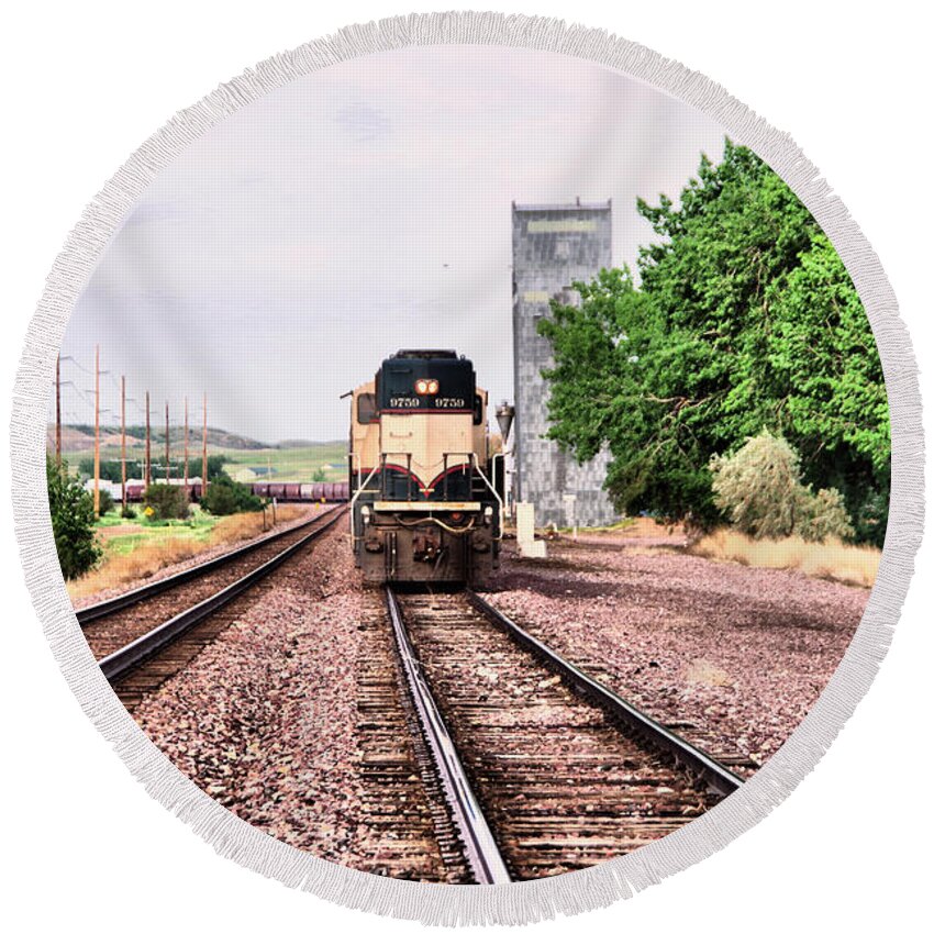 Train Round Beach Towel featuring the photograph The morning freight train by Jeff Swan