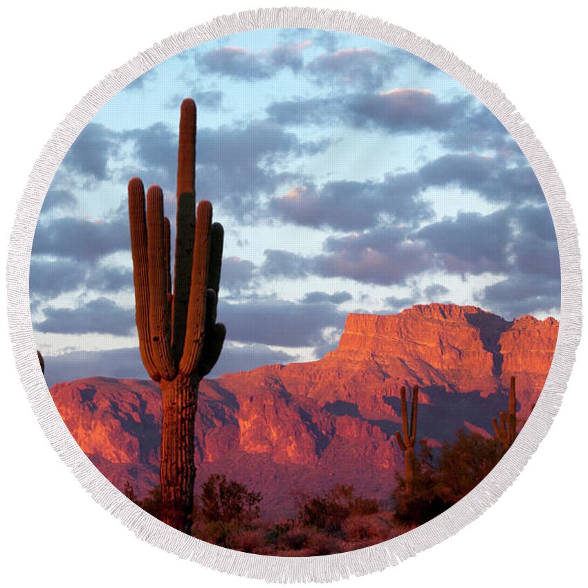 Superstition Mountains Round Beach Towel featuring the photograph The Mountain is Pink Time to Drink, Superstitions AZ by Joanne West