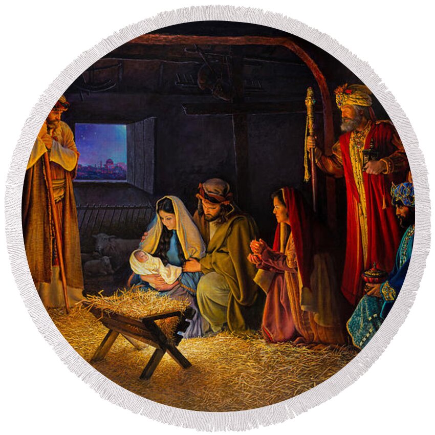 Jesus Round Beach Towel featuring the painting The Nativity by Greg Olsen