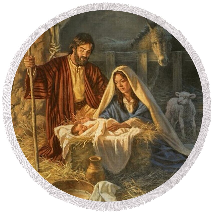 Nativity Round Beach Towel featuring the painting The Nativity by Artist Unknown