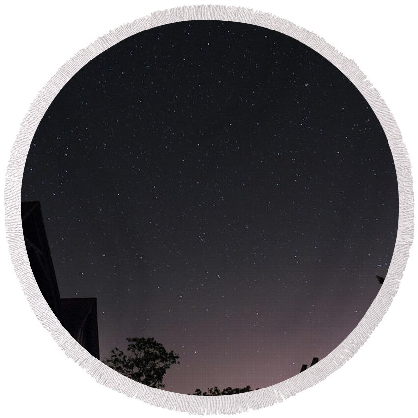 Astro Round Beach Towel featuring the photograph The Night Sky, Great Dixter House, Oast and Barn by Perry Rodriguez
