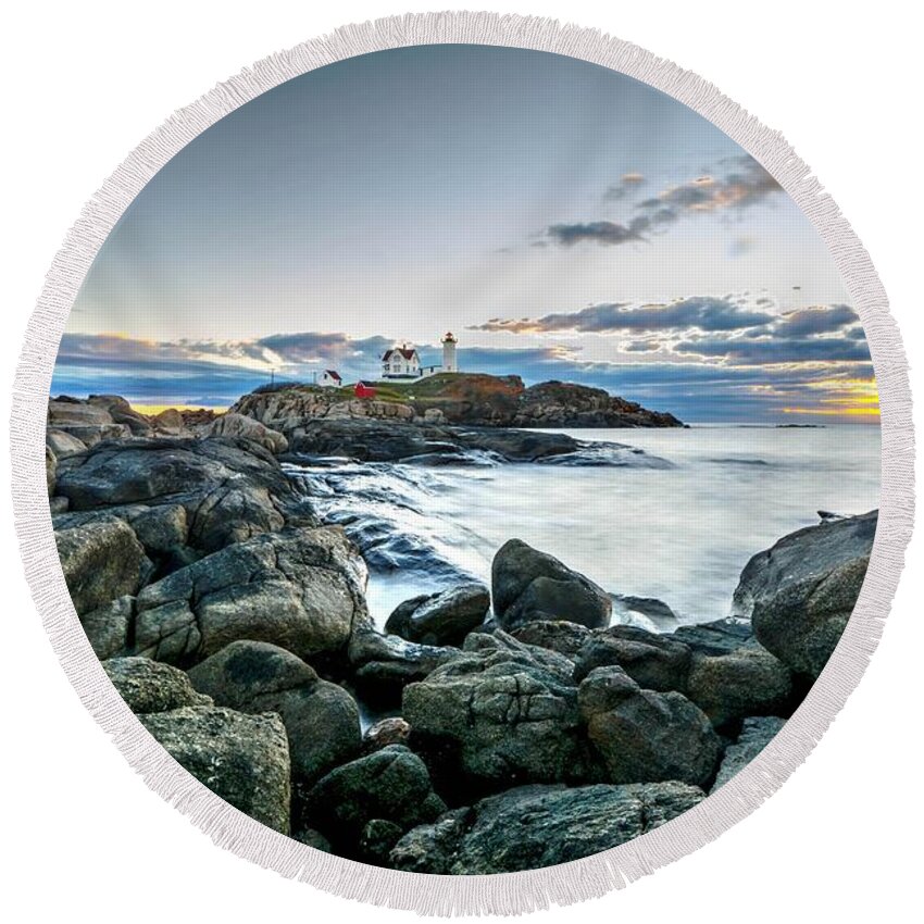 Maine Round Beach Towel featuring the photograph The Nubble by Steve Brown